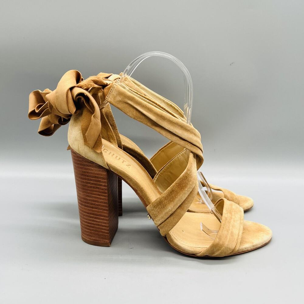 Schutz Sandals Womens 9.5 Tan Suede Mayale Strappy Ankie Tie Block Heel Shoes
